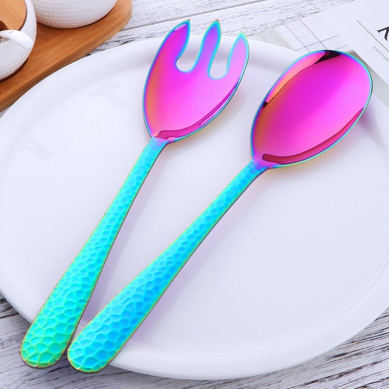 Bisda Salad Spoon and Fork Set, 12 Inch Stainless Steel Rainbow Salad Server, Large Serving Utensils, Pack of 2 - Image 2